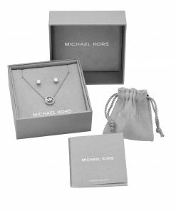 MICHAEL Michael Kors 14k Gold Plated Pave Logo Charm Necklace and Stud Earring Set -Cheap Michael Kors Shop 70654011 xxl a3